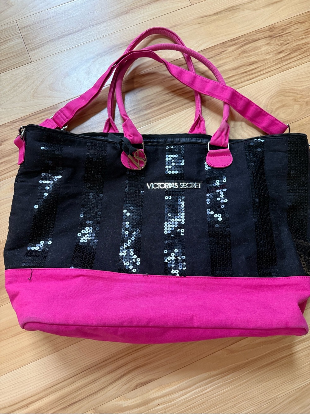 Victoria's Secret Black and Hot Pink Sequin Canvas Tote